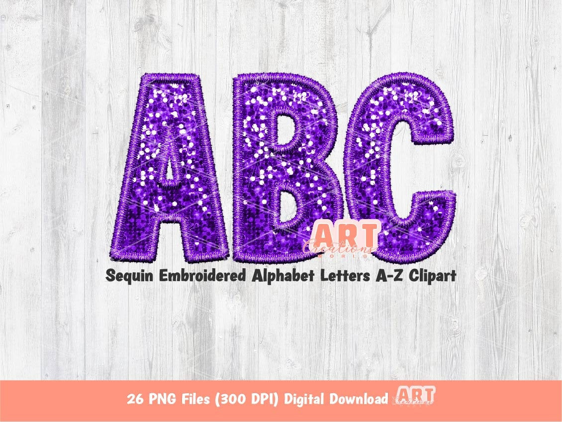 Purple Sequin Letters PNG, Faux Embroidered Glitter Sequins PNG Alphabet Set Clipart, Custom Team name Mascot and colors Digital Download