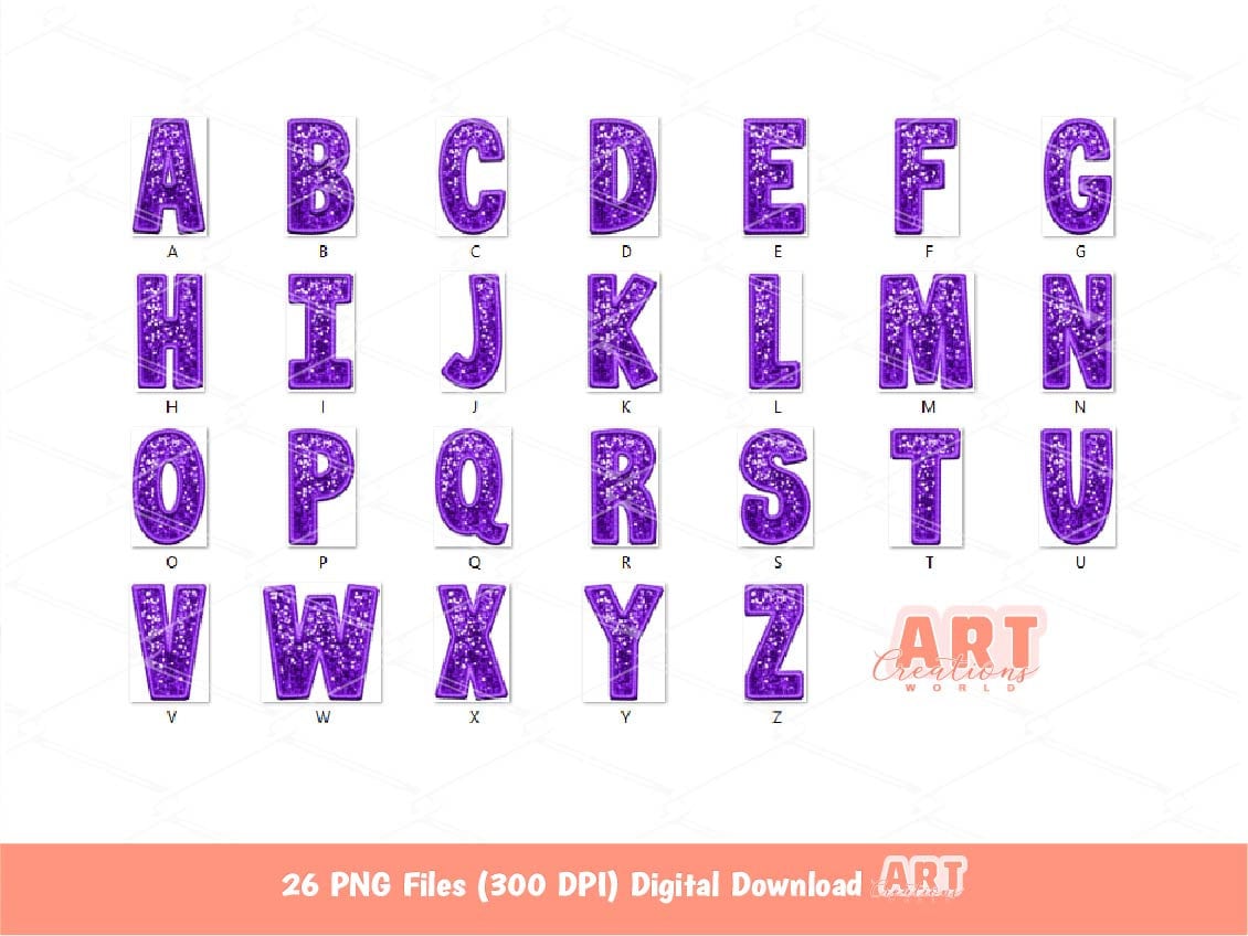 Purple Sequin Letters PNG, Faux Embroidered Glitter Sequins PNG Alphabet Set Clipart, Custom Team name Mascot and colors Digital Download