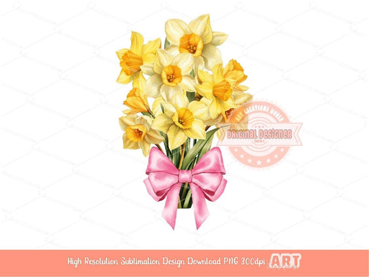 Coquette March Girl PNG, Watercolor Yellow Daffodil Birth Flower Pink Bow Ribbon Clipart PNG Sublimation Birthday T shirt Design Download